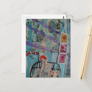 Postal Collage de niños jugando y mujer en columpio de lo