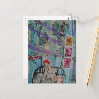 Postal Collage de niños jugando y mujer en columpio de lo