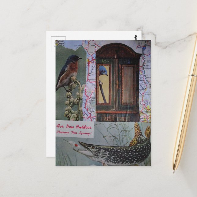 Postal Collage de pájaros y peces (Anverso/Reverso In Situ)