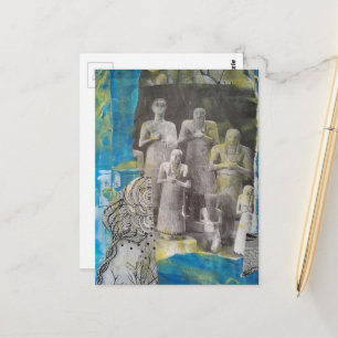 Postal Collage de personas con estatua en técnica mixta