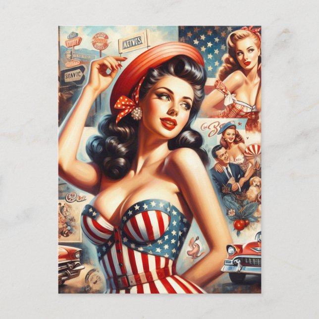 Postal Collage de Pin-Up Chica estadounidense (Anverso)