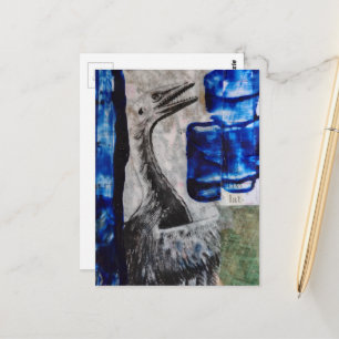 Postal Collage de pintura mixta de pájaro Dino azul