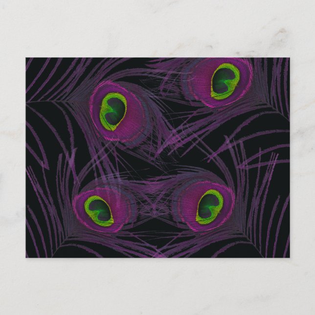 Postal Collage de plumas de pavo real morado y verde (Anverso)