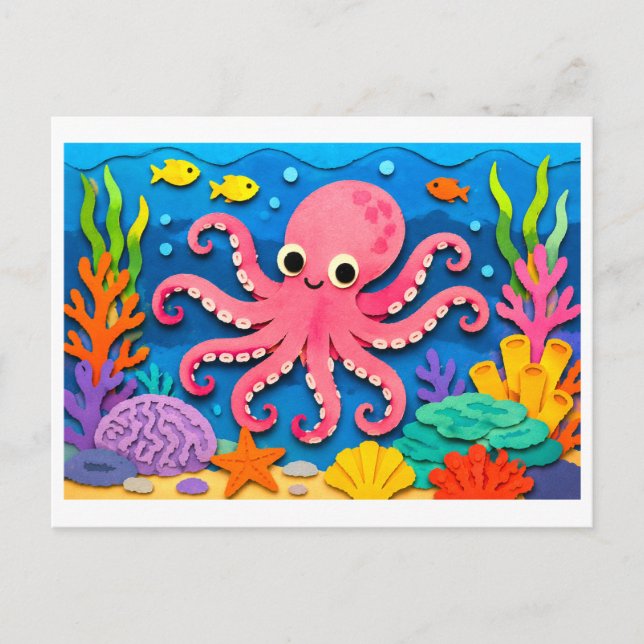 Postal Collage de recorte de papel de pulpo (Anverso)