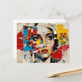 Postal Collage de rostro y flores en técnica mixta