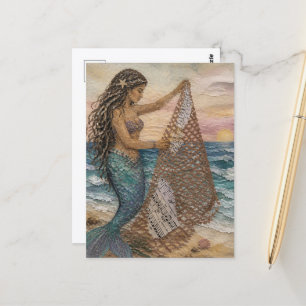 Postal Collage de Sirena con Red de Pesca