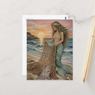 Postal Collage de Sirena con Red de Pesca