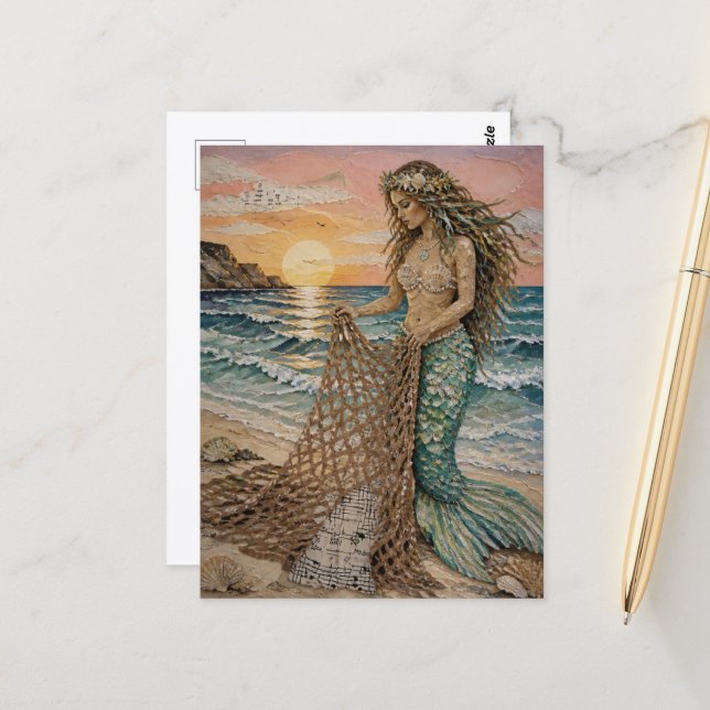 Postal Collage de Sirena con Red de Pesca (Anverso/Reverso In Situ)