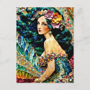 Postal Collage de sirena en medios mixtos