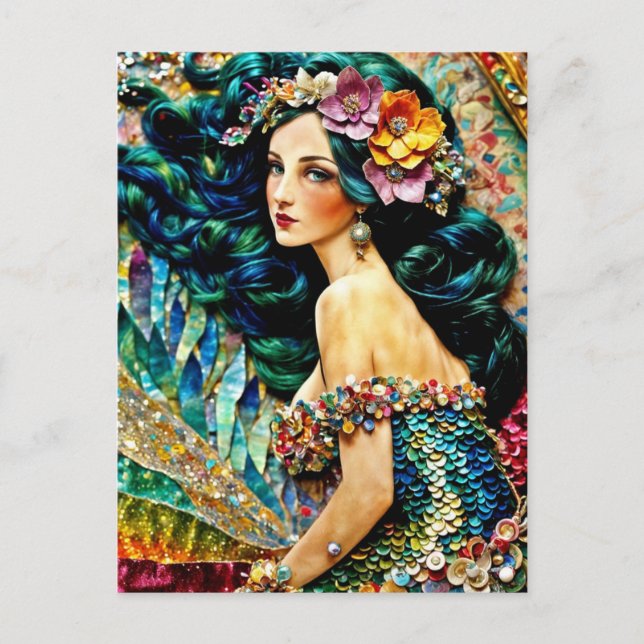 Postal Collage de sirena en medios mixtos (Anverso)