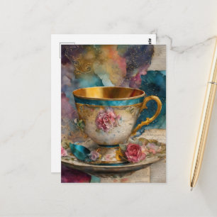 Postal Collage de taza de té colorido Fantasía de medios 