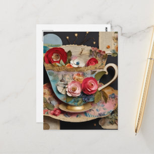 Postal Collage de taza de té floral de medios mixtos colo