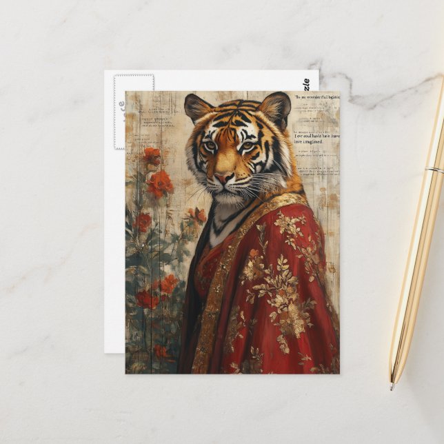 Postal Collage de Tigre Adorable con Bata (Anverso/Reverso In Situ)