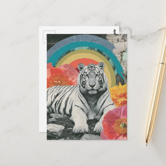 Postal Collage de Tigre Blanco con Arcoíris y Flores (Anverso/Reverso In Situ)