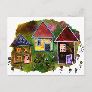 Postal Collage de tres casas con flores