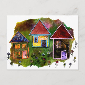 Postal Collage de tres casas con flores