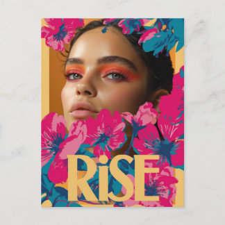 Postal Collage de una mujer con flores vibrantes