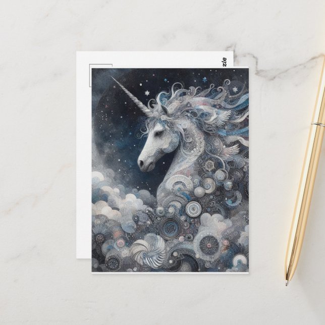 Postal Collage de Unicornio de Plata (Anverso/Reverso In Situ)