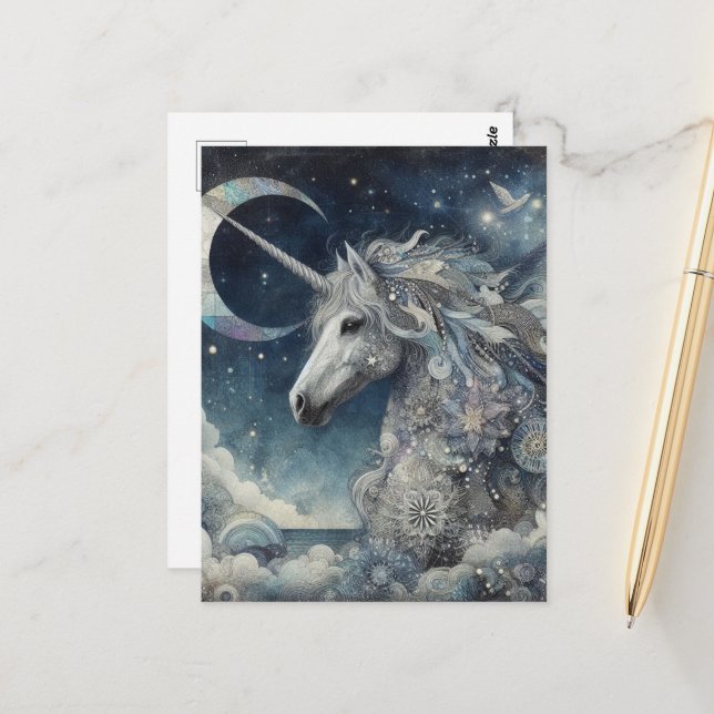 Postal Collage de Unicornio de Plata con Luna (Anverso/Reverso In Situ)