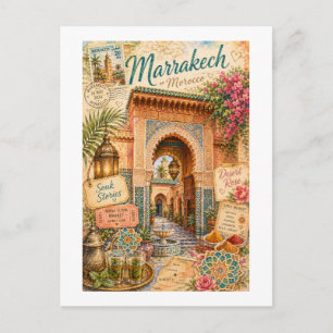 Postal Collage de viaje vintage Marrakech Marruecos