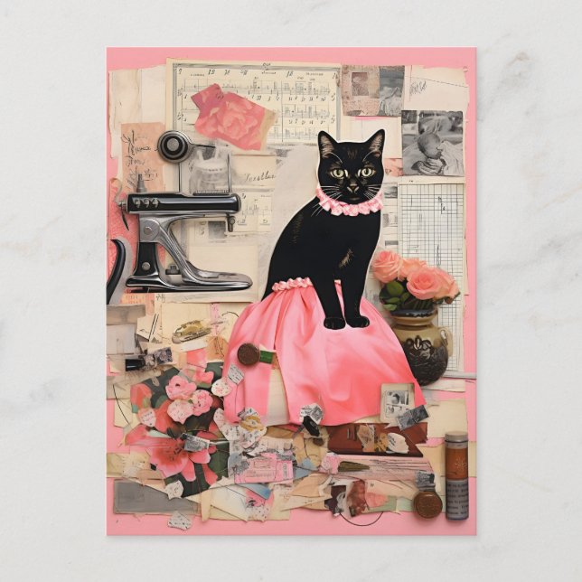 Postal Collage del collar del gato negro retro (Anverso)