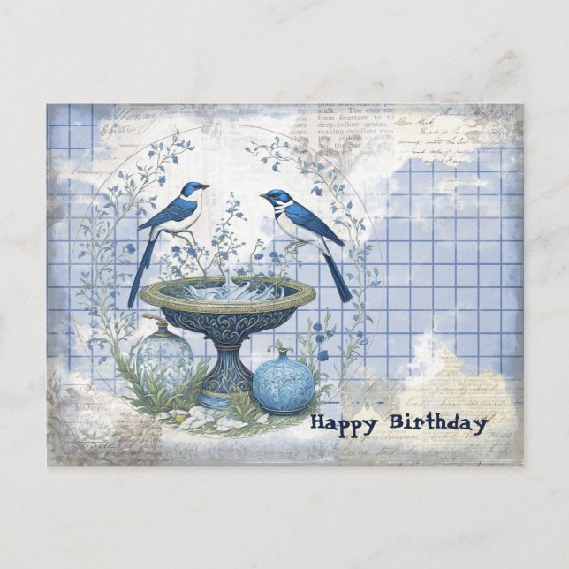 Postal Collage del cumpleaños de pájaros azules (Anverso)