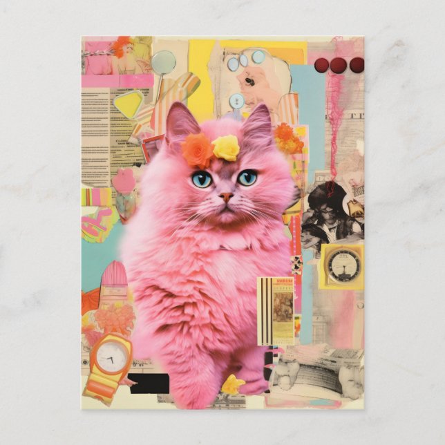 Postal Collage del gato rosa del fluffy retro (Anverso)