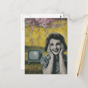 Postal collage electrizante de una mujer con cielo amaril