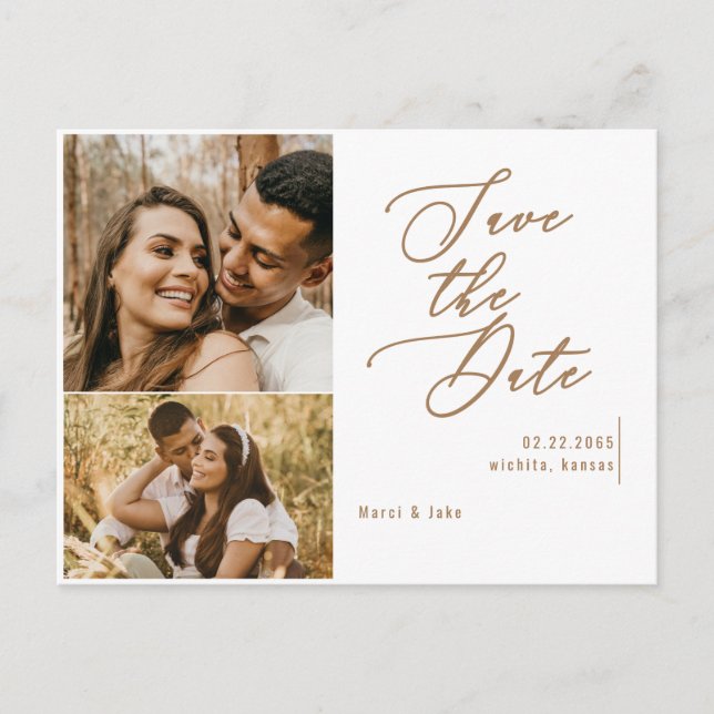 Postal Collage Foto Texto Dorado Ahorra la Fecha Boda (Anverso)