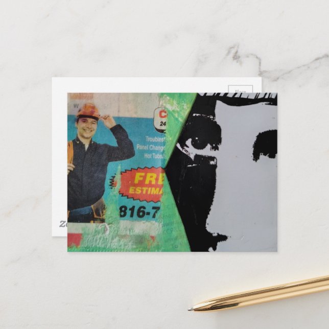 Postal Collage mixto aleatorio Hombre trabajador y una ca (Anverso/Reverso In Situ)