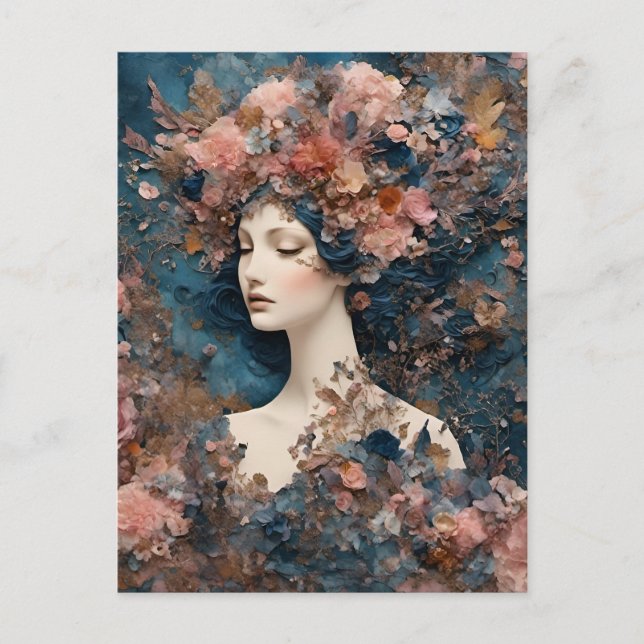 Postal Collage mixto de mujeres con flores rosas (Anverso)