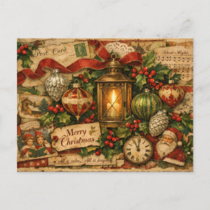 Postal Collage Navideño Vintage con Santa, Linterna