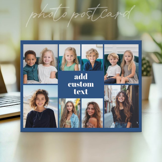 Postal Collage personalizado 8 fotos - azul con texto bla (Photo Postcard - Customize with your favorite photos)