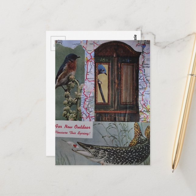 Postal Collage Retro de Aves y Peces (Anverso/Reverso In Situ)