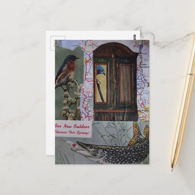 Postal Collage Retro de Aves y Peces (Anverso/Reverso In Situ)