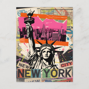 Postal Collage Retro Punk Estatua de la Libertad Ciudad d
