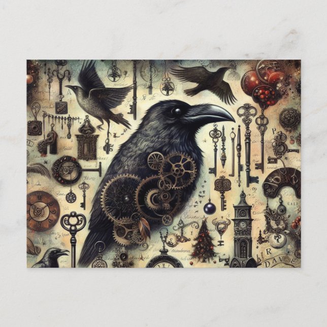 Postal Collage Steampunk Raven Poe (Anverso)