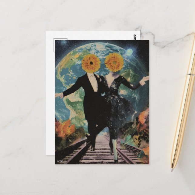 Postal Collage surrealista de danza de pareja feliz (Anverso/Reverso In Situ)