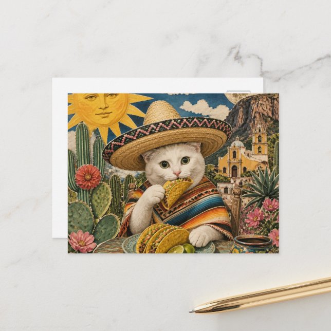 Postal Collage surrealista de gato comiendo tacos (Anverso/Reverso In Situ)