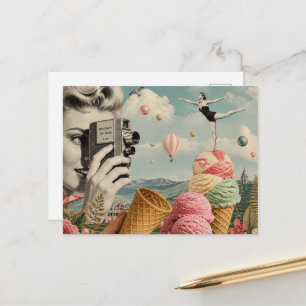 Postal Collage Surrealista de Helado de Verano y Natación