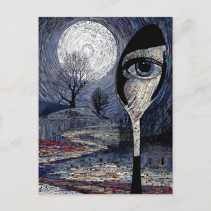 Postal Collage Surrealista de Luna Llena y Cuchara