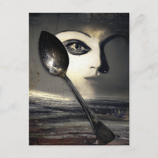 Postal Collage surrealista de luna y cuchara