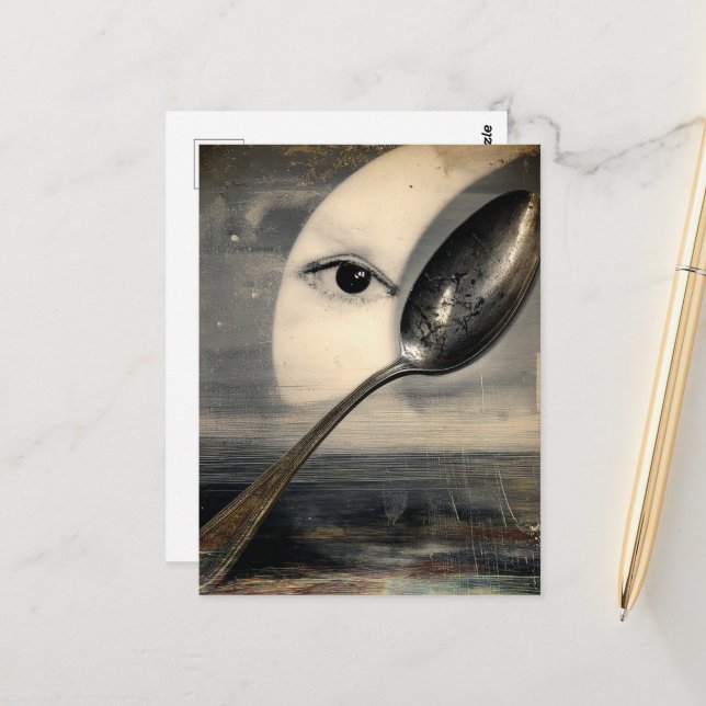 Postal Collage surrealista de luna y cuchara (Anverso/Reverso In Situ)