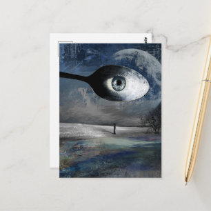 Postal Collage surrealista de luna y cuchara Árboles soli