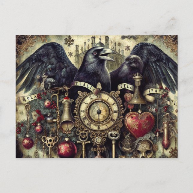 Postal Collage surrealista de Steampunk Raven Poe (Anverso)