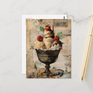 Postal Collage Vintage de Sundae de Helado y Frutas