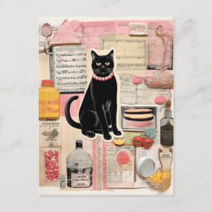 Postal Collar de cuentas de gato negro retro Collage
