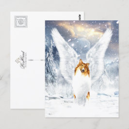 Postal Collie Angel en el nevado paisaje invernal