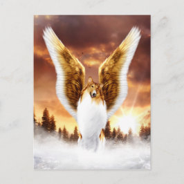 Postal Collie Angel en la puesta de sol de invierno
