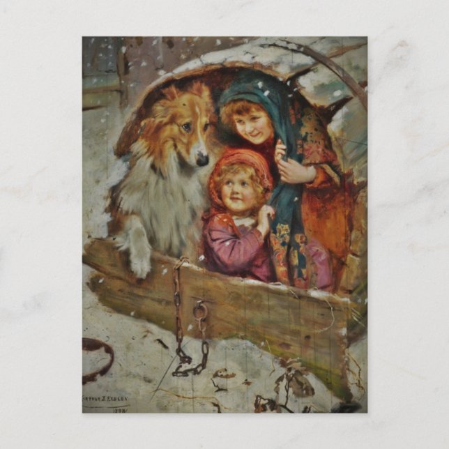Postal Collie e hijos en la casa de perros (Anverso)